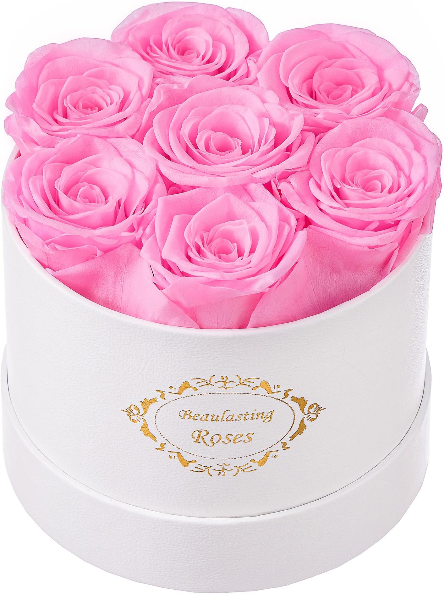 Beaulasting Long Lasting Preserved Roses in a Box Last a Year Forever Flowers for Her Mom Wife Anniversary Birthday (Round White Box, Light Pink)