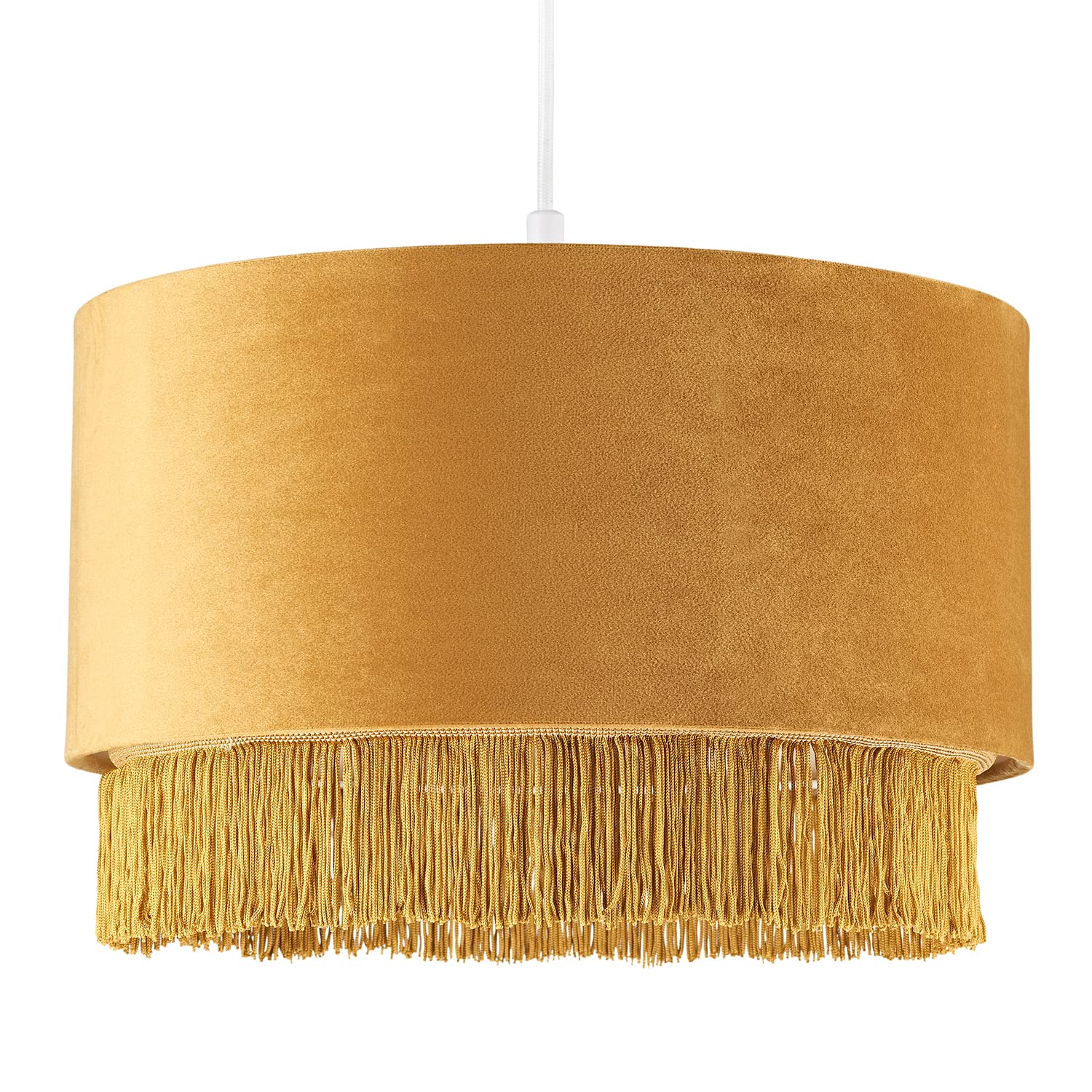 Ochre Mustard Velvet Drum Pendant Shade 14" - Yellow - Embroidered Trim & Tassels
