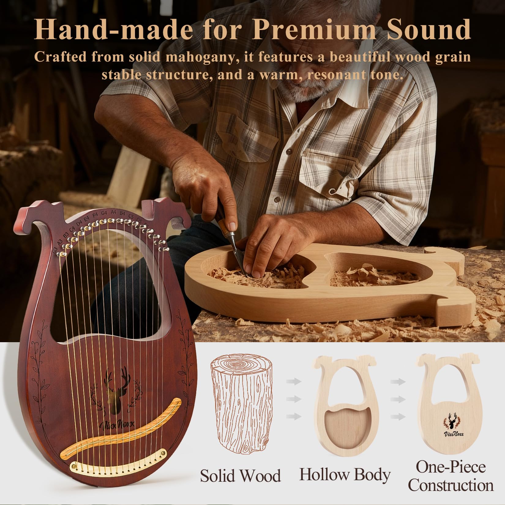 Lyre Harpe 16 cordes en Métal Lyre Instrument de Musique en Acajou avec Clé d'accordage Cordes de Rechange Livre de Musique en Englais Portable Sac, Harp pour Adultes Enfants Débutants