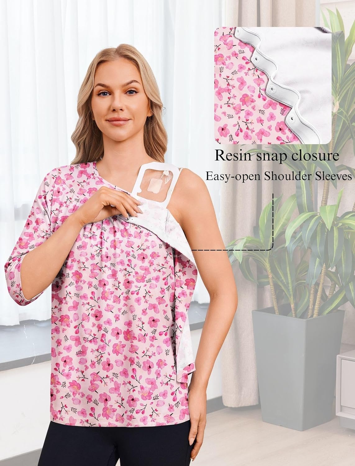 Deyeek Post Shoulder Surgery Shirt for Women Chemo Tear Away Shirt Snap Button 3/4 Sleeve Recovery Adaptive Clothing - Image 3