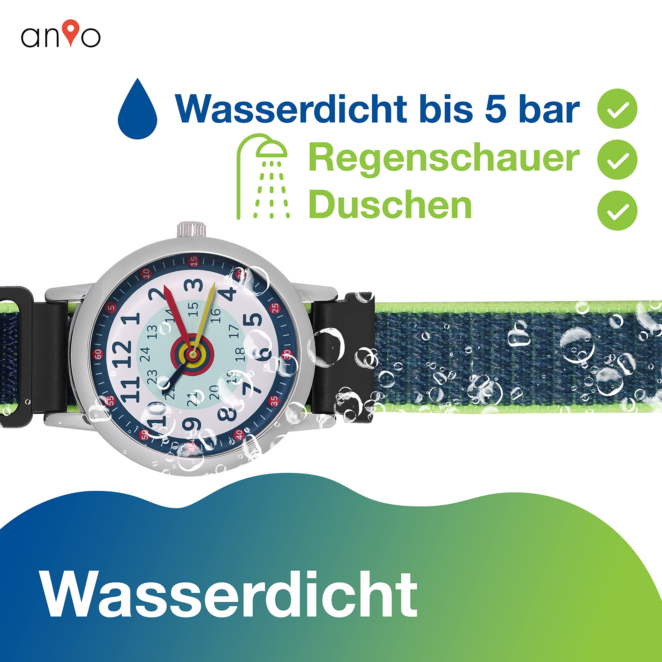 Anio3 Armbanduhr Kinder Lernuhr - Kinderuhr zum Lernen der Uhrzeiten ab 6 Jahre, wasserdicht bis 5 bar, Kinderuhr für Jungen und Mädchen