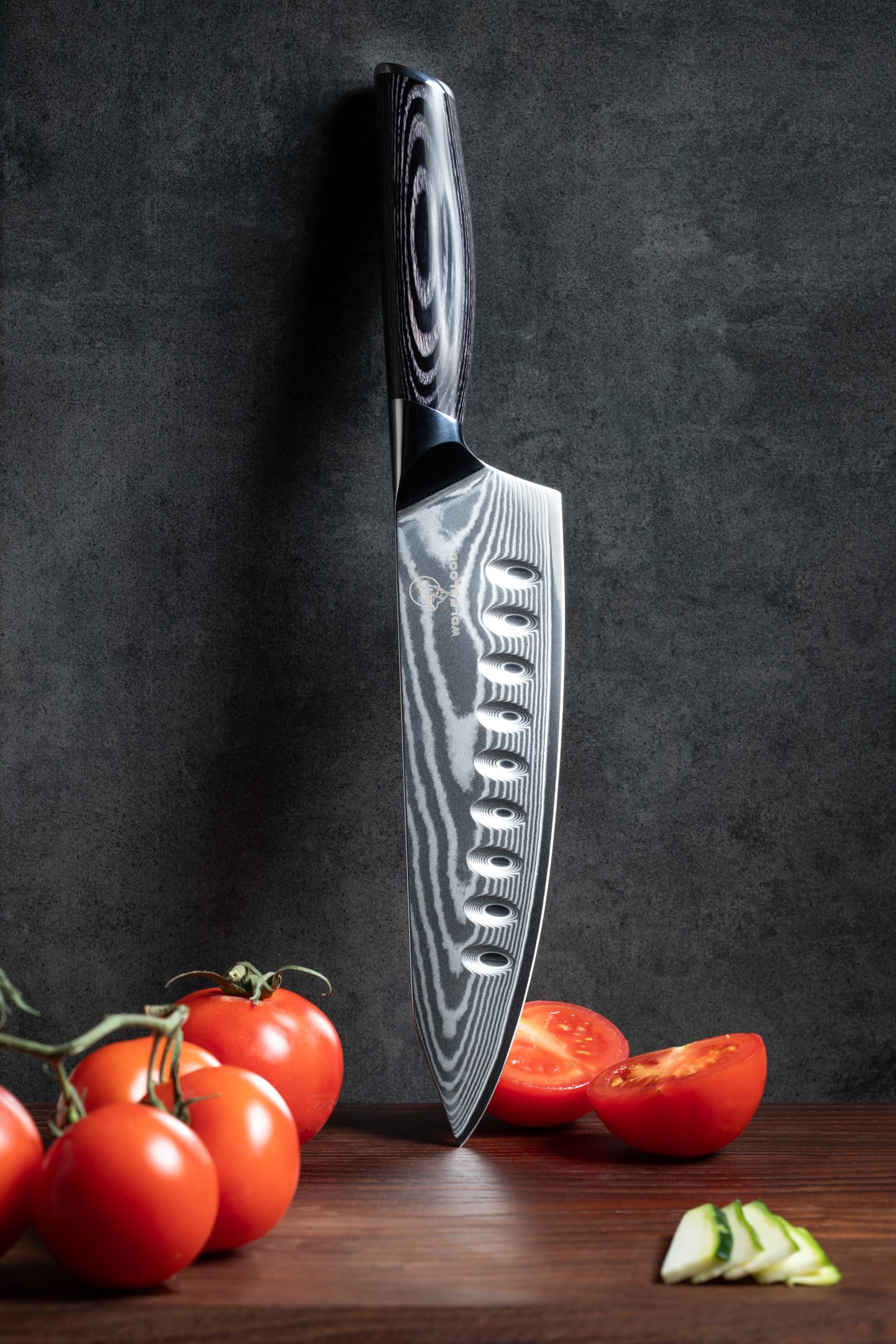 Wolfblood PRO Damastmesser Damast Küchenmesser XL(33cm) TÜV geprüfter 62 HRC Damaststahl aus 67 Lagen I Kochmesser Profi Chefmesser mit Holzgriff Geschenkbox & Klingenschutz