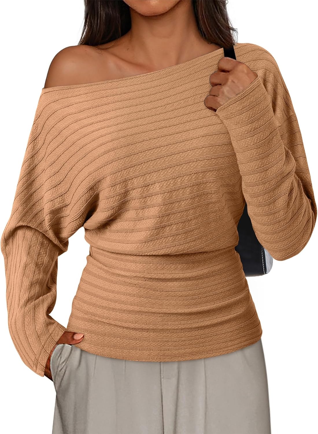 Unixseque Women Off The Shoulder Tops Fall Trendy Long Batwing Sleeve Knit Pullover Going Out Shirts Winter Fashion Clothing - Image 4