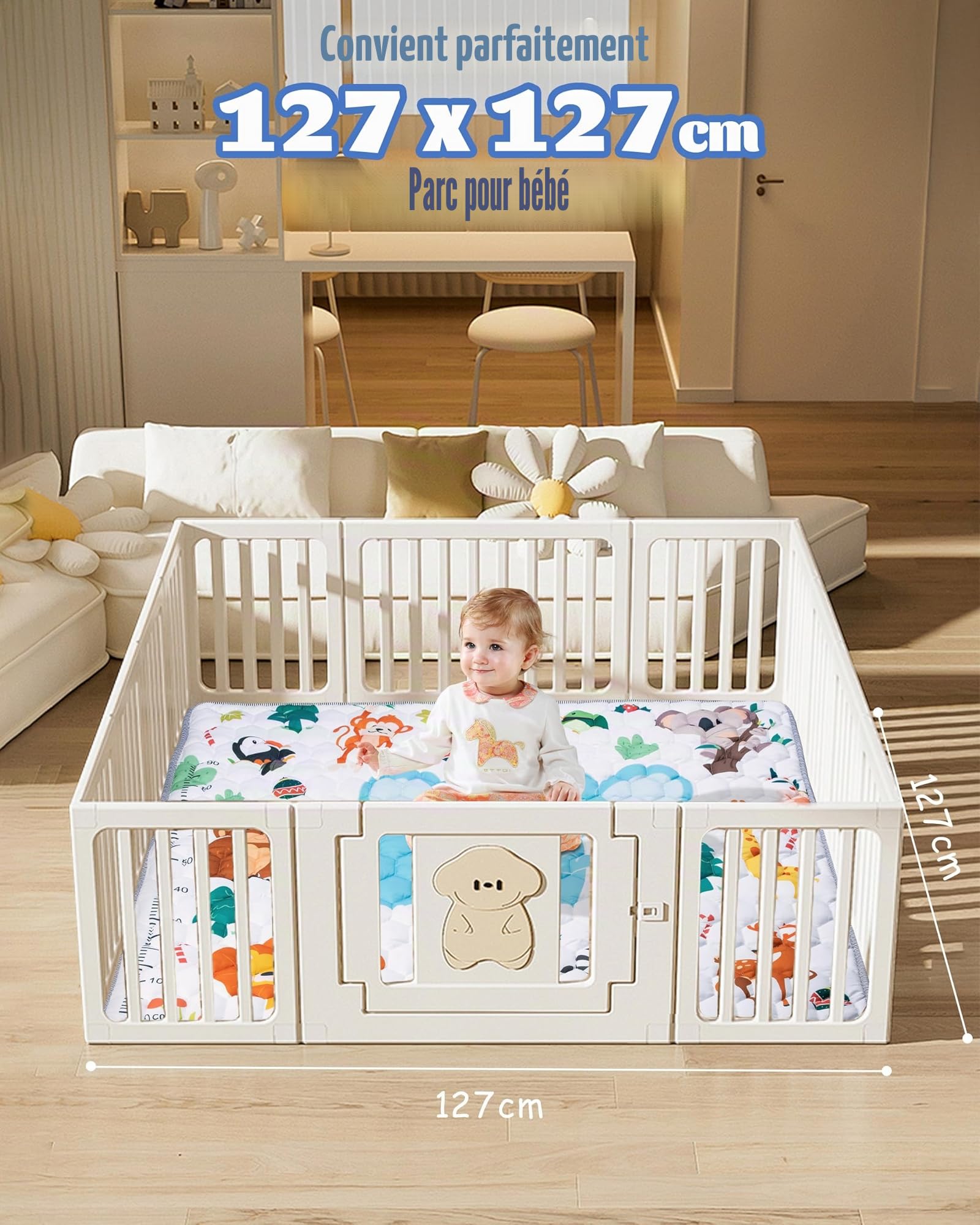 Tapis de Jeux Bebe, Antidérapant Tapis Rampant Bébé 127x127cm, Animaux Tapis de Motricité Bébé Pliable, Coton Tapis D'éveil Enfants Epais avec Règle, Applicable à Intérieur/Extérieur/Clôture