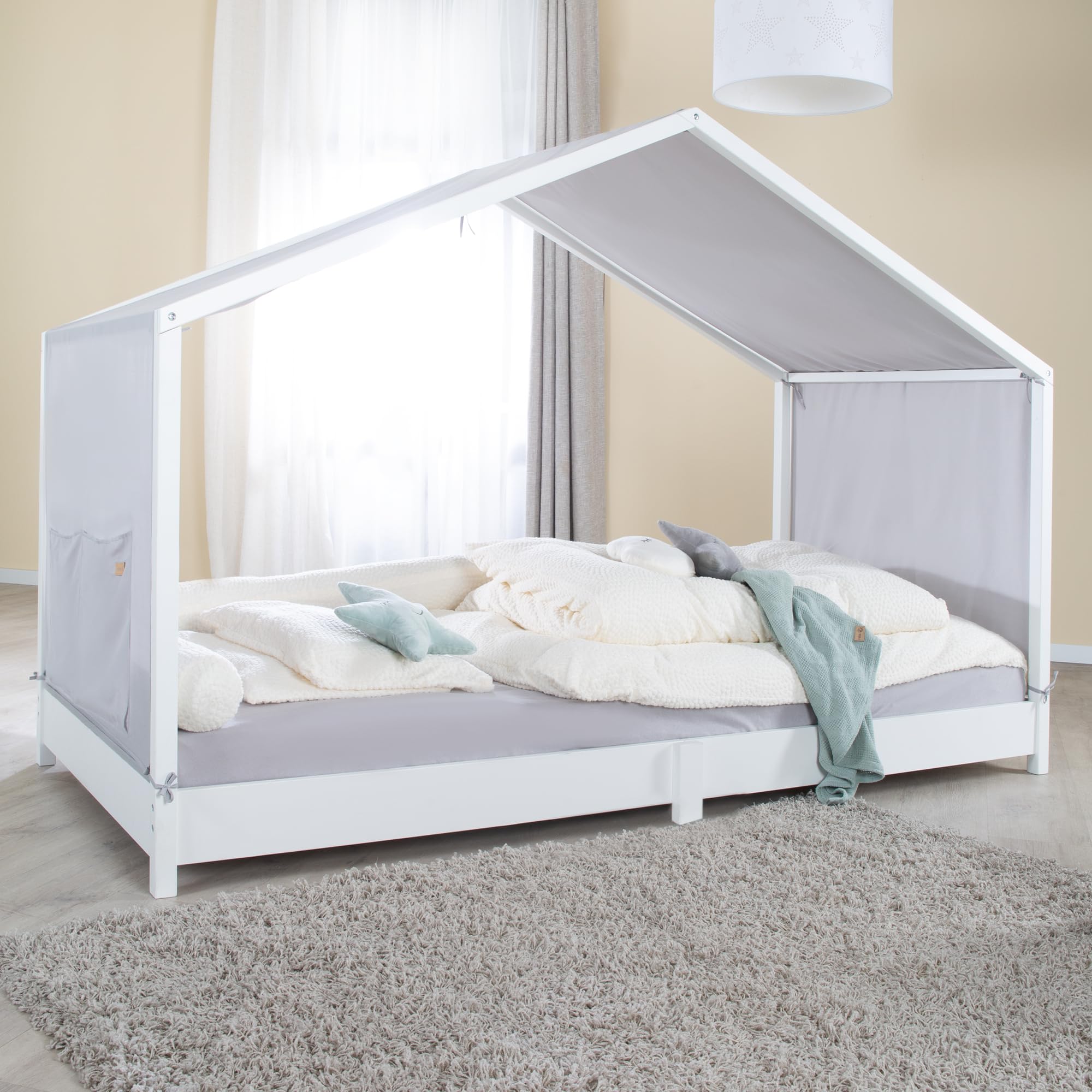 roba Copertura per Letti Montessori 90 x 200 cm - Accessorio Adatto per trasformare Il Letto in Un baldacchino - con 3 Tasche portaoggetti e Finestra sul Tetto - Grigio Chiaro