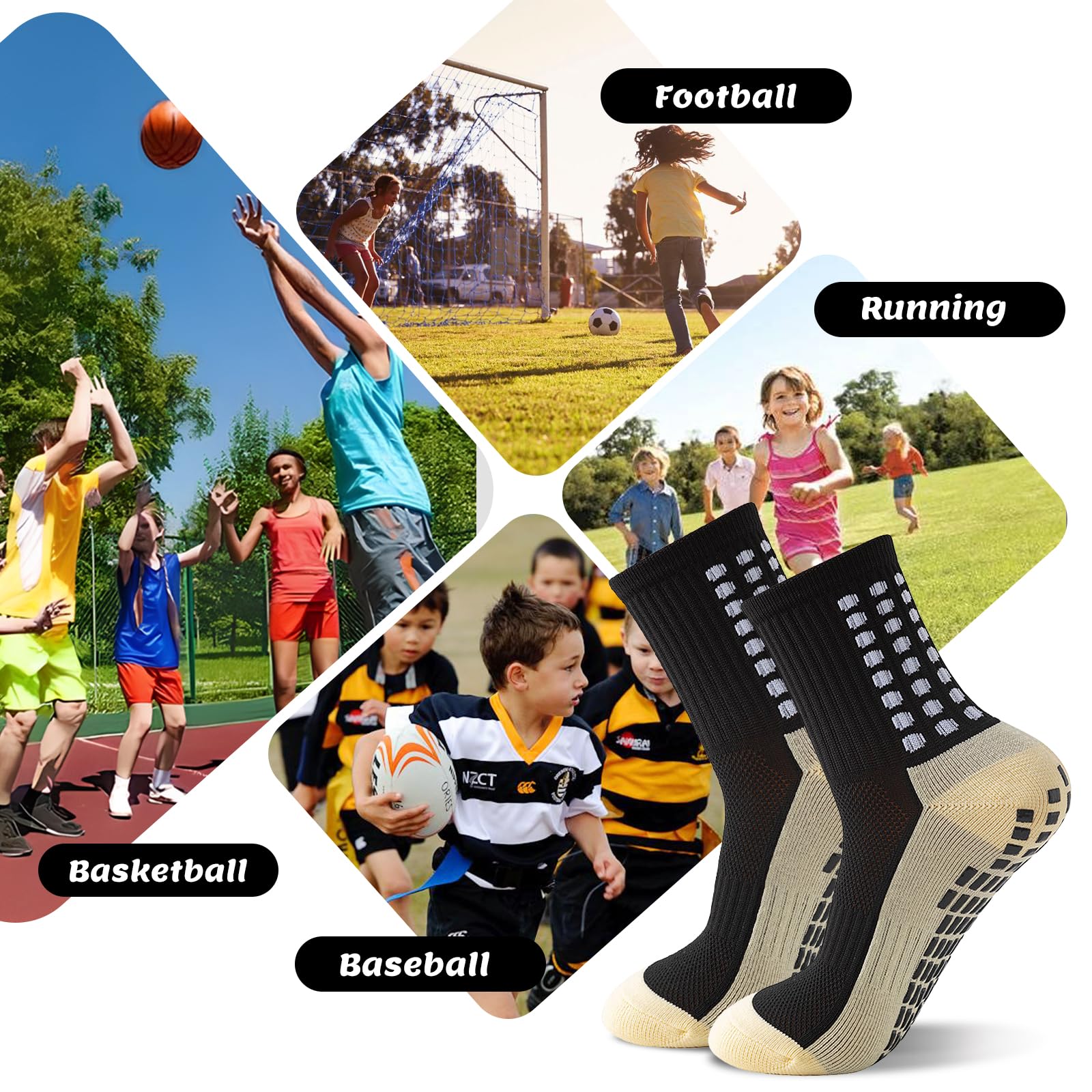 Okdance Grip Football Socks 3 Pairs Grip Soccer Socks for Kids Boy Anti Slip Athletic Socks Non Slip Pads for Basketball Baseball Football Sports Sock, Black, 6-9 Years 4