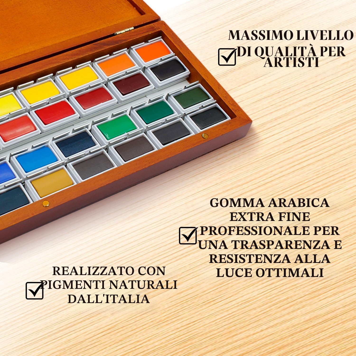 Pinturale Set Acquerelli Professionali | Kit Acquerello Premium con 24 Colori Grandi + Scatole Di Legno + Panno | Acquarelli Professionali Per Artisti