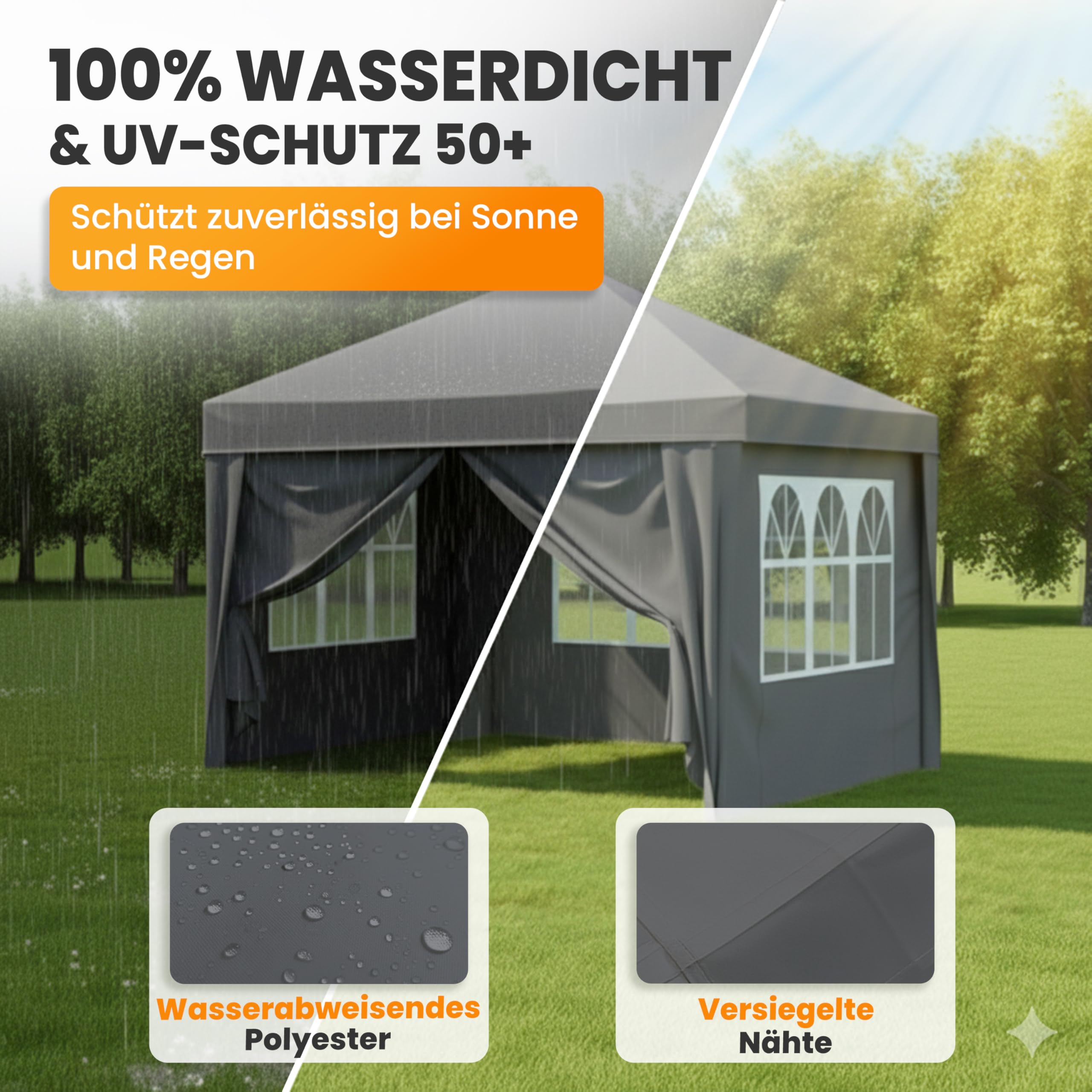 NATURIZ® Pavillon 3x3 Wasserdicht Stabil Hochwertig mit UV 50+ Schutz - Faltpavillon mit Seitenwänden - Pop Up Zelt für Garten, Camping, Märkte - Gartenpavillon (Grau, 3x3m)