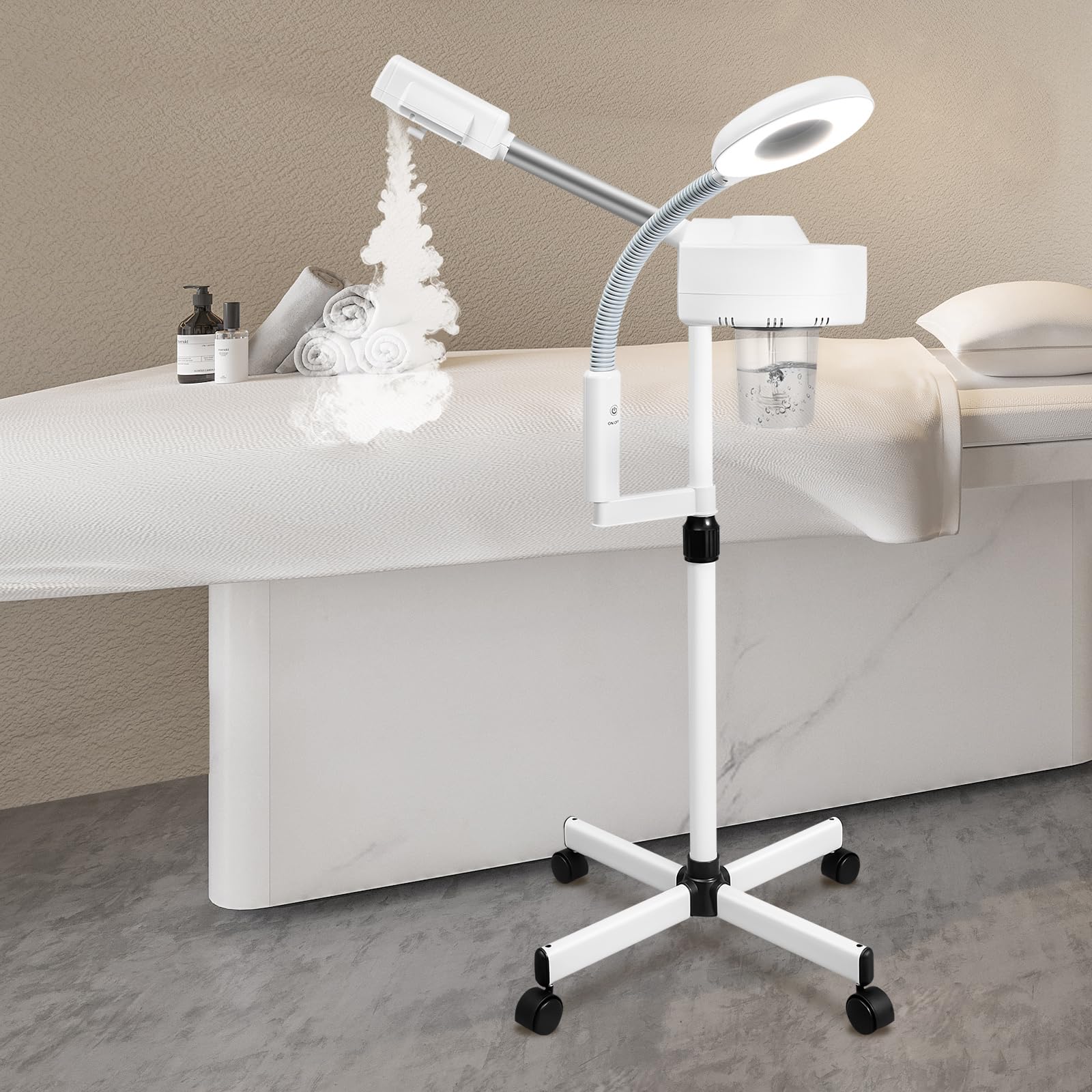 Vaporizador y lupa 2 en 1, dispositivo combinado, amortiguador facial, vaporizador de ozono, lámpara con lupa con boquilla giratoria de 360 grados, para spa, belleza, multifunción, cara