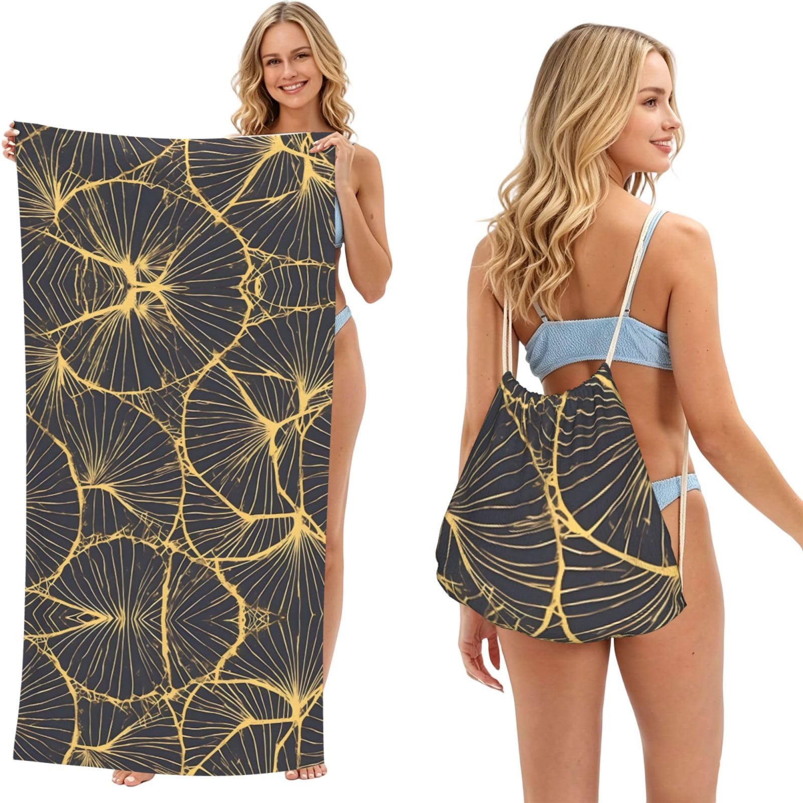 SXZVVBN Golden Leaf 2-in-1 Beach Towel Bag, Quick Dry Sand Free Travel Towel Backpack for Adults