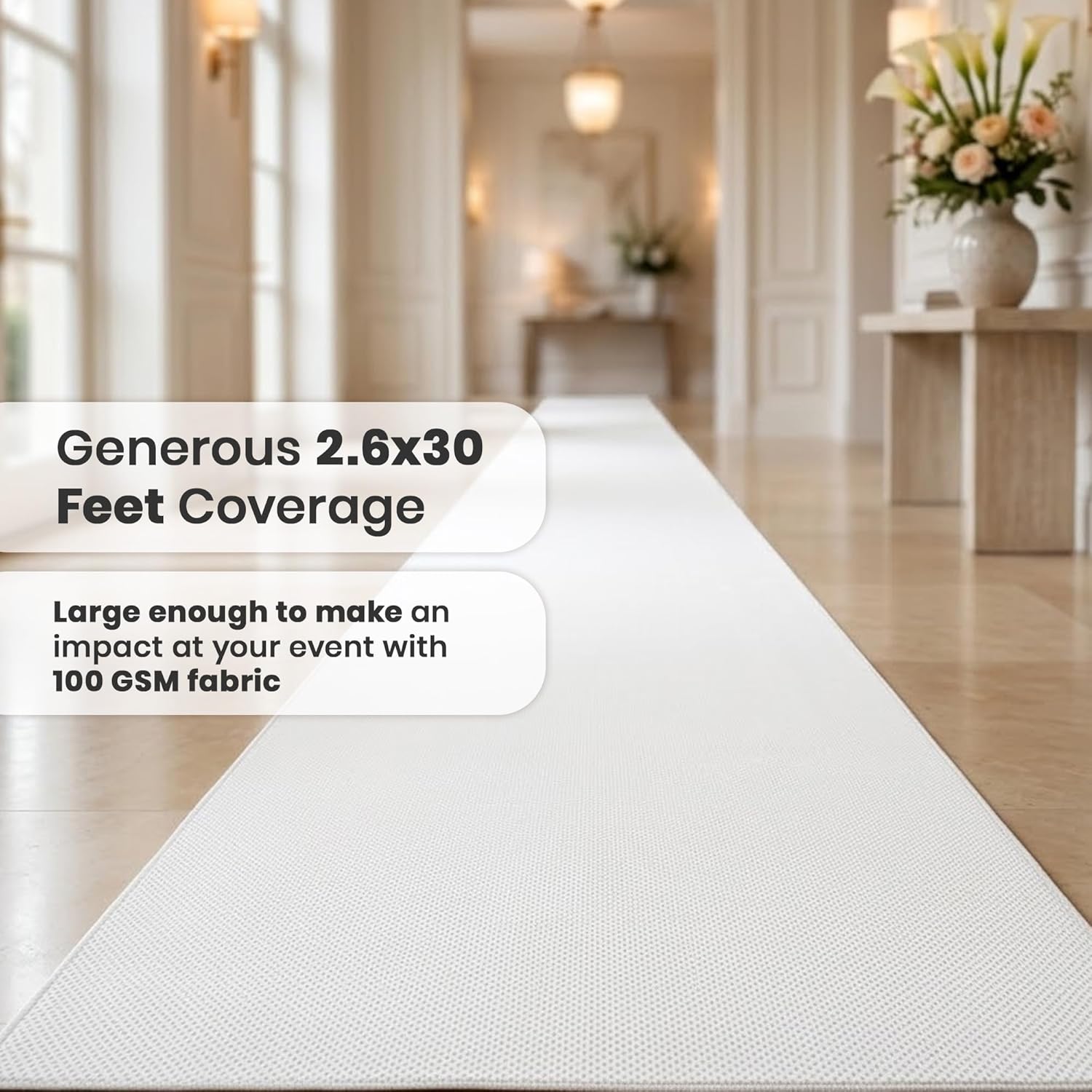 LEMONSODA White Carpet Floor Runner | Hollywood Party Decoration | 100 GSM Fabric | 2.6x30 Feet | Anti Slip Thick Fabric | Pre Attached Double Sided Tape | Indoor Event Carpet Runner