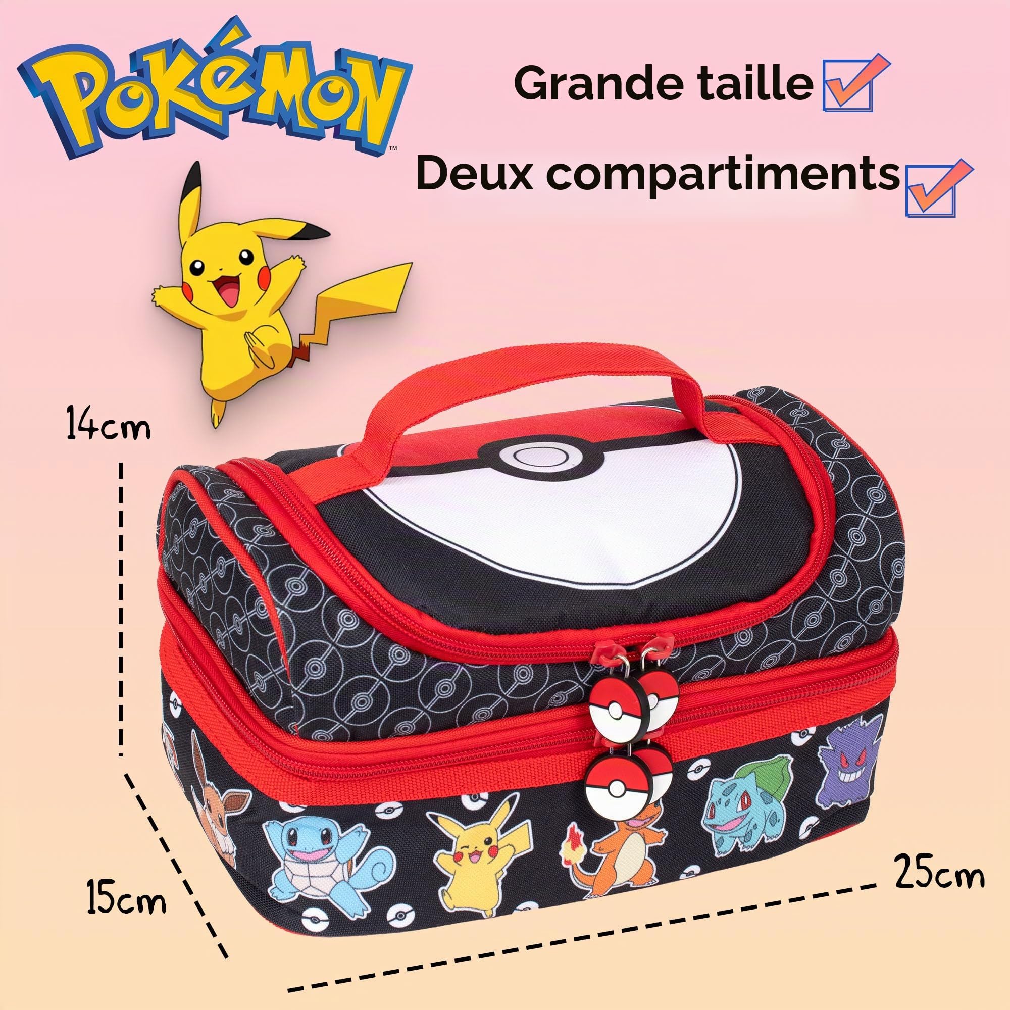 Pokémon Sac à déjeuner multi-compartiments pour enfants, isolation thermique, à double étage, pour garçons