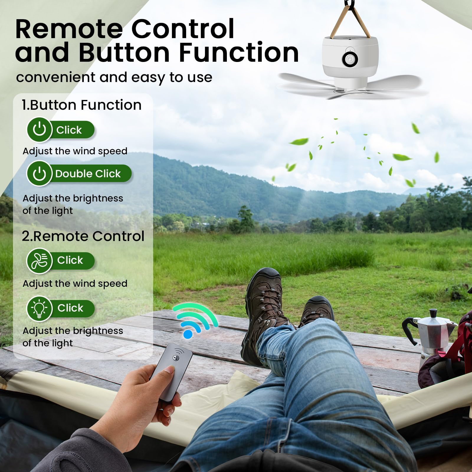 Ventilateurs de plafond de camping 8000 mAh avec lumière, ventilateurs de plafond portables rechargeables par USB et télécommande, pales de ventilateur amovibles, ventilateur à 3 vitesses, 3