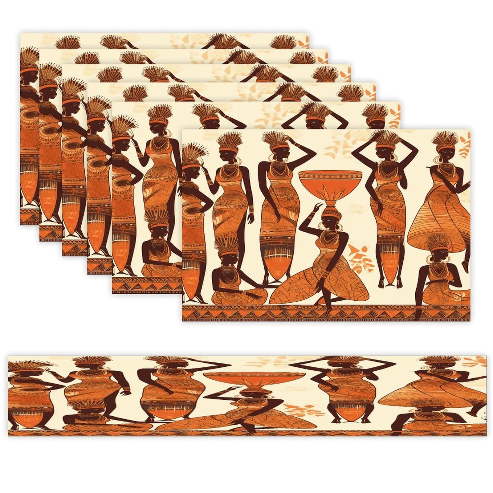 African Tribal Woman Table Runner and Placemats Set of 6 Wipe Clean Heat Resistant Table Mat with Table Runner Decorations Flax Linen Place Mat Set for Home Kitchen Party Supplies