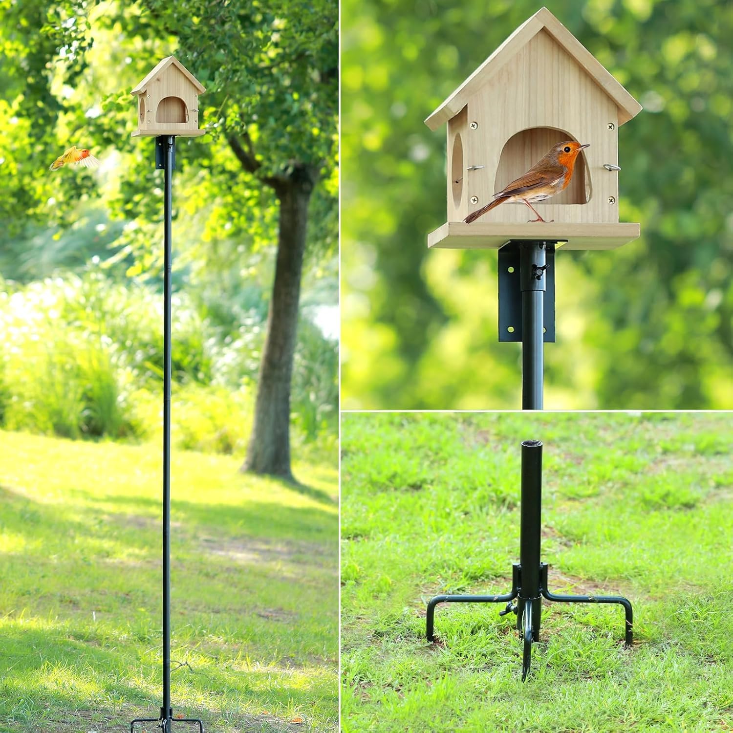 Kit de support de perche pour mangeoire à oiseaux, réglable, 193 cm, support universel avec 5 dents, pour jardin, extérieur, cour, noir