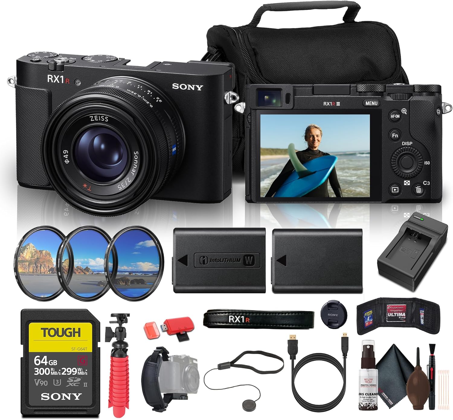 Sony RX1R III Full-Frame Compact Camera – 35mm Lens, 4K Video, Fast Hybrid AF, Pro-Grade Lightweight ForTravel & Street (DSCRX1RM3) + 64GB Card + NP-FW50 Battery + Filter Kit + More