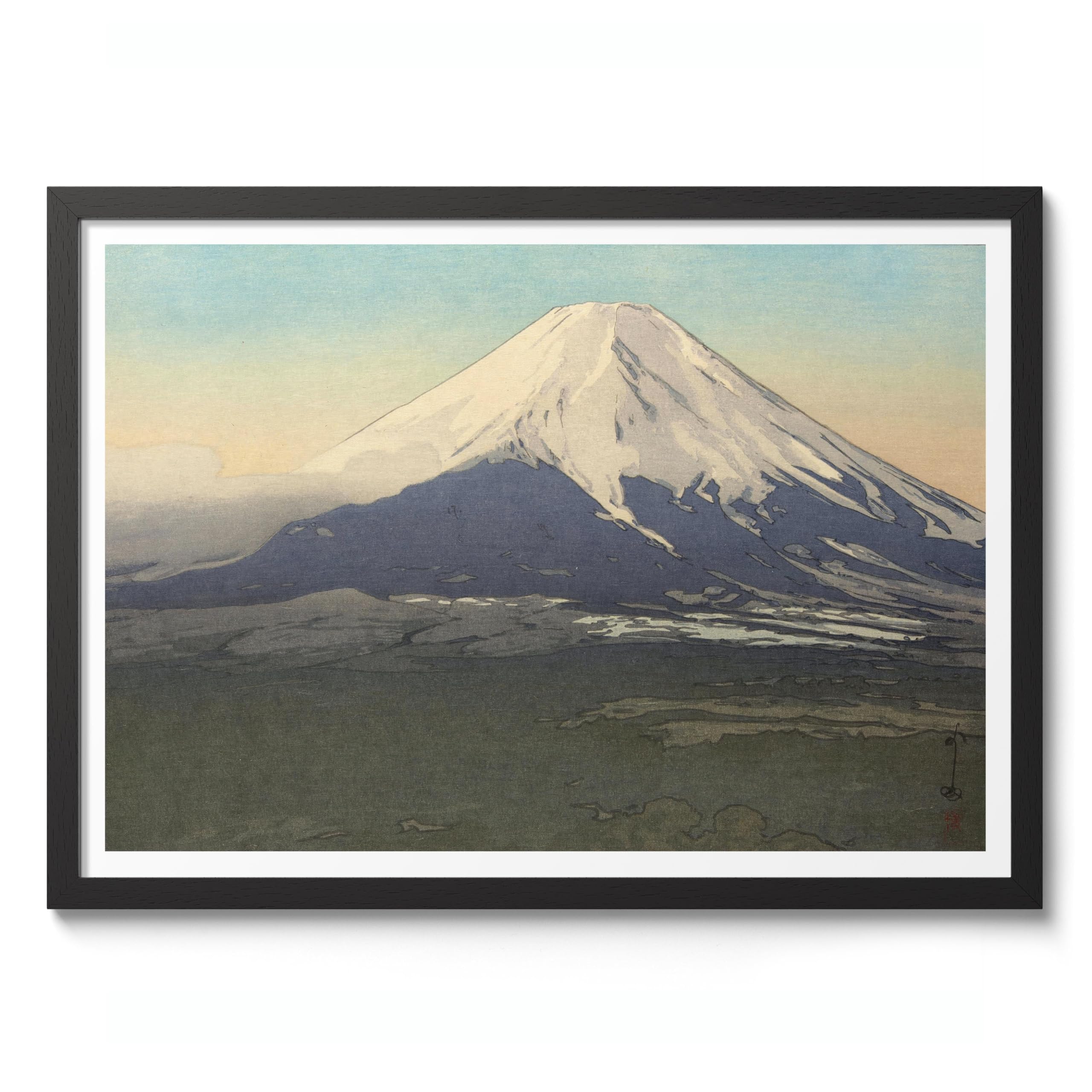 Mount Fuji Hiroshi Yoshida Poster, Japanese Woodblock Ukiyo-E Print, Vintage Art Picture Painting Wall Art Exhibition, Archival Matte, A5 (Black Frame) - 21x14.8cm