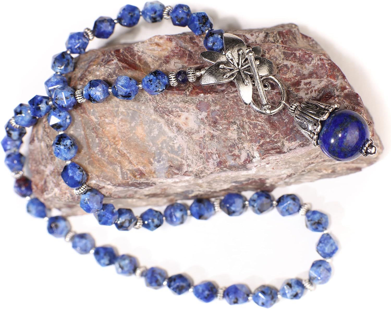 Lapis Lazuli Fancy Cap Pendant with Sodalite Faceted Hexagon Necklace Accented with Bali Style Flower Toggle