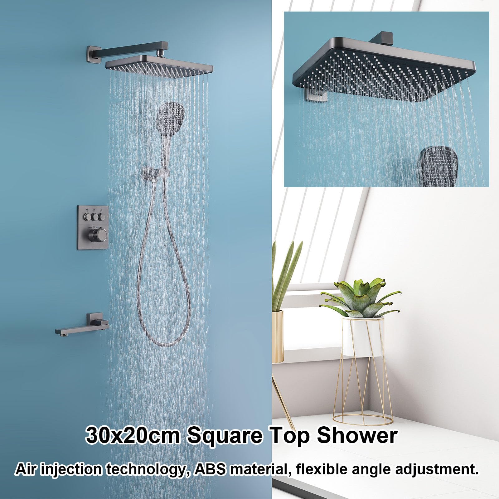 System prysznicowy z termostatem, HSS0465, nowoczesny zestaw prysznicowy podtynkowy, 30 x 20 cm, deszczownica, montaż ścienny, ze słuchawką prysznicową, składany kran wannowy, miedź 59 A