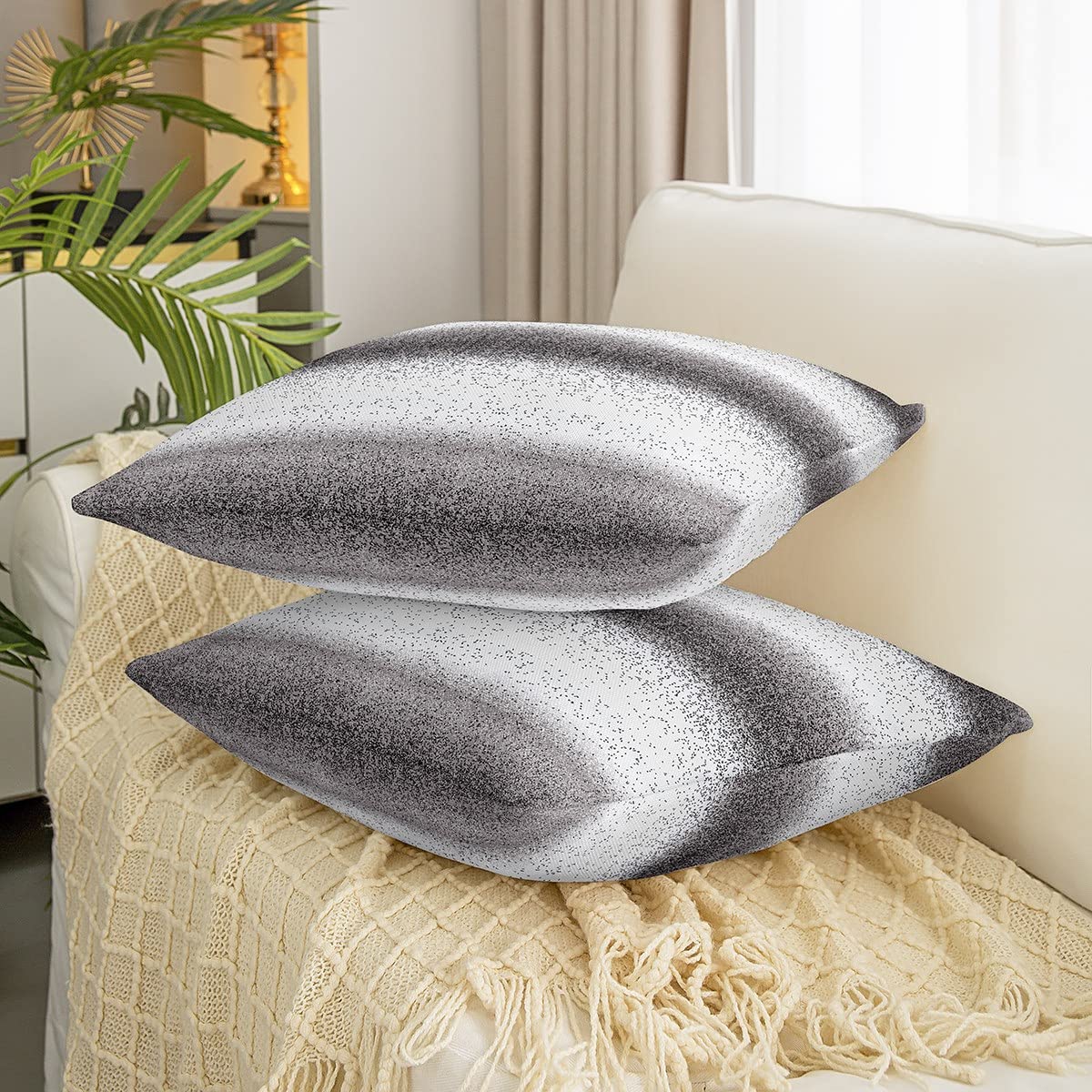 Juego de 4 fundas de cojín cuadradas de rayas grises y blancas degradadas, juego de 4 fundas de almohada geométricas reversibles para decoración, fundas de almohada geométricas, decoración del hogar,