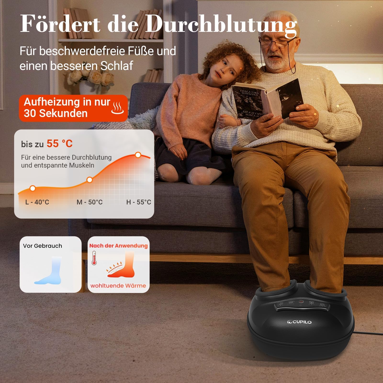 CuPiLo Fußmassagegerät mit Wärmefunktion und Fernbedienung – Shiatsu-Fußmassagegerät bei Plantarfasziitis und Neuropathie, 5 Kompressionsstufen, Geschenk für Frauen und Mütter, Größe EU 47