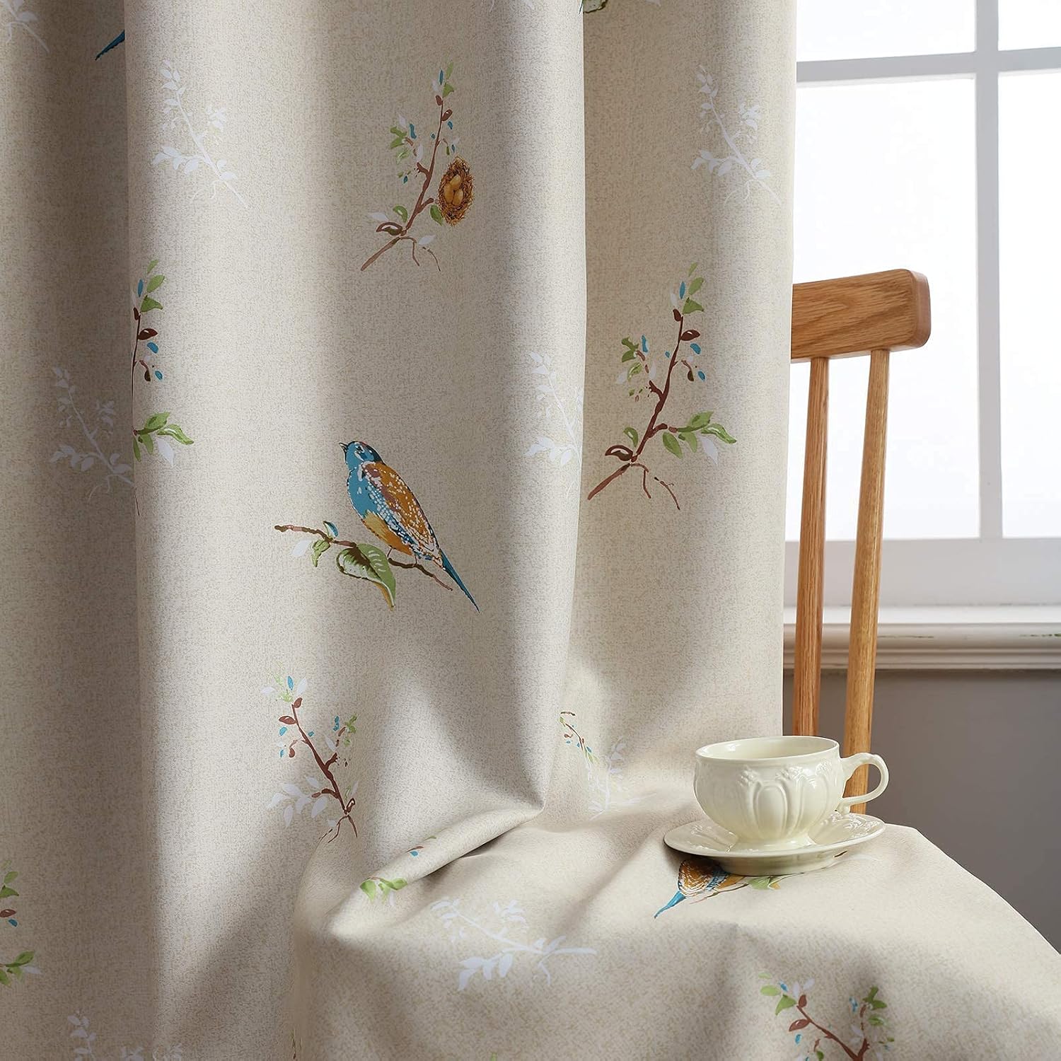 Birds Blackout Curtains for Bedroom 96 inches Long Farmhouse Patterned Floral Window Drapes for Living Room 2 Panels Khaki
