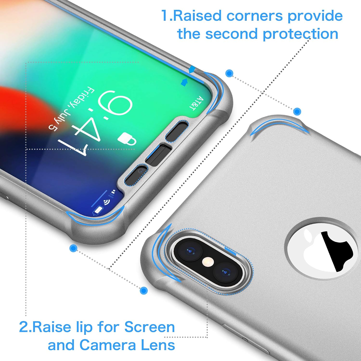 ORETECH for iPhone Xs Max Case with 2X Screen Protector,Silver | Full Body Shockproof Design Smooth Texture,15FT Military Grade, Camera Lens Shield, with Armor Front Frame Protection