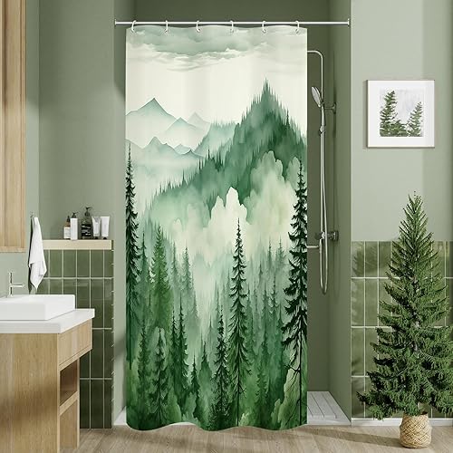 Miniatura 25 de Cortina de ducha azul marino con bosque de pinos brumosos, cortinas de ducha con paisaje de bosque brumoso de montaña, cortinas de ducha para baño