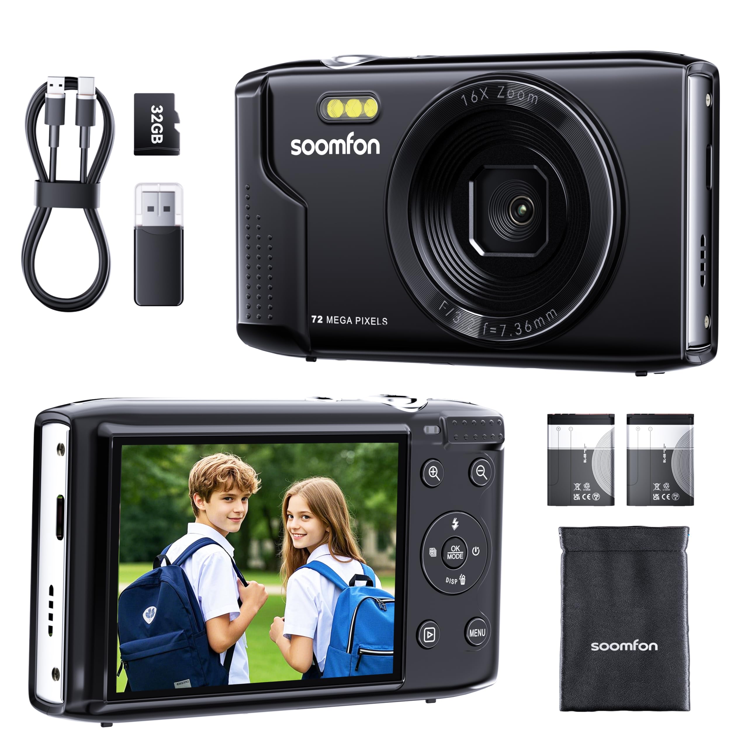 SOOMFON Digital Camera - Max 72MP Point and Shoot Kids Cameras with 16X Zoom, 32G TF Card, 2 Batteries and Card Reader, Compact Digital Camera for Kids Teens Beginners (Black)