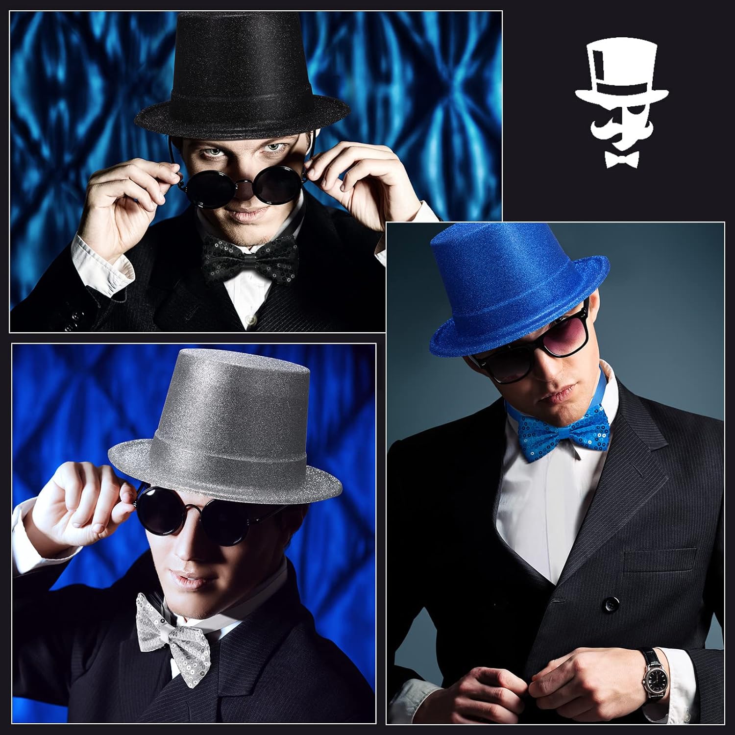 Zhanmai 48 Pcs Cosplay Party Costume Accessories 24 Party Hats for Adults Funny Top Hats Bulk 24 Adjustable Sequin Bow Tie - Image 7