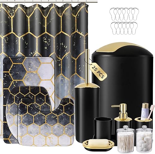 Juego de baño negro con cortina de ducha y alfombras, 25 piezas, juego de accesorios de baño, basura, dispensador de jabón, jabonera, cepillo de