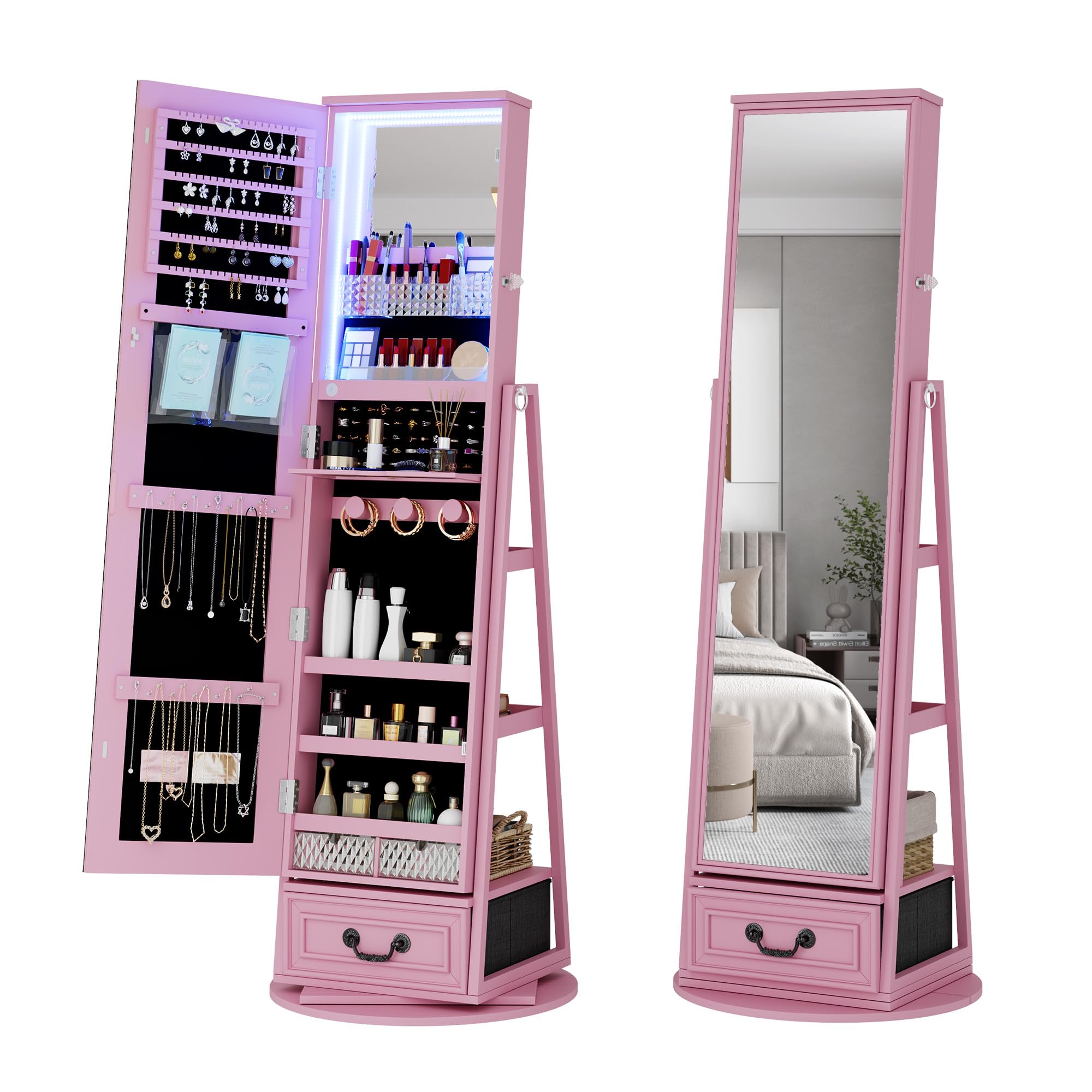 Pink LED Jewelry Armoire Mirror with 360° Swivel
