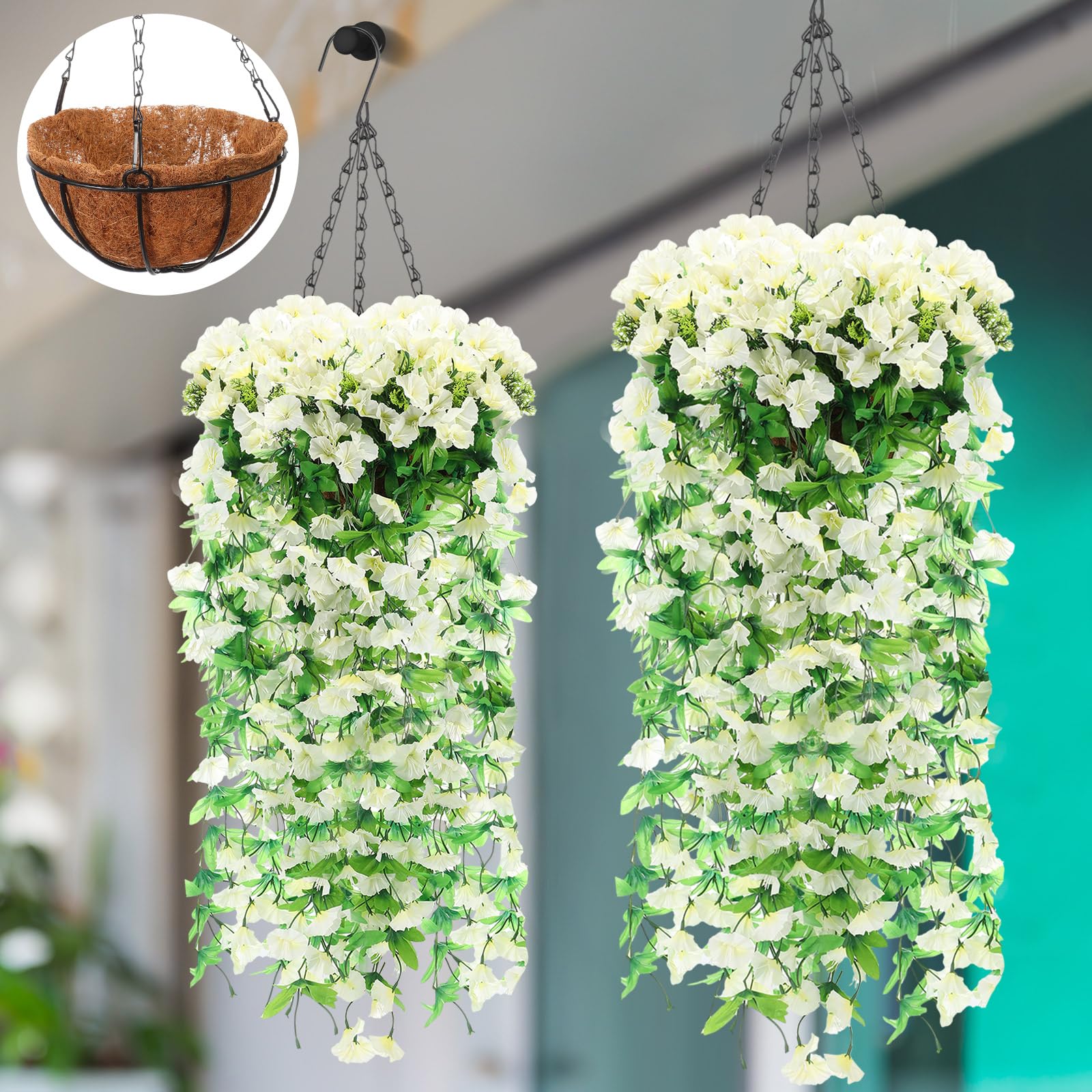 Hotop 2 Set Artificial Hanging Flowers Basket and 6 Pcs Bougainvillea Silk Vine Flowers for Outdoor Indoor UV Resistant Faux Hanging Plant Coconut Lining Hanging Planter Flower Pot for Garden(White)
