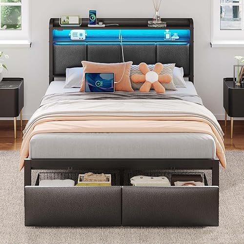 Miniatura 13 de Rolanstar Base de cama tamaño King con estación de carga y luces LED, cabecera de piel sintética con estantes de almacenamiento, listones de metal