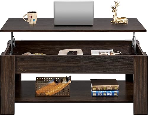 Miniatura 18 de Topeakmart Mesa auxiliar elevable con compartimento oculto y estante de almacenamiento, mesa de comedor ajustable para sala de estar, marrón Marrón