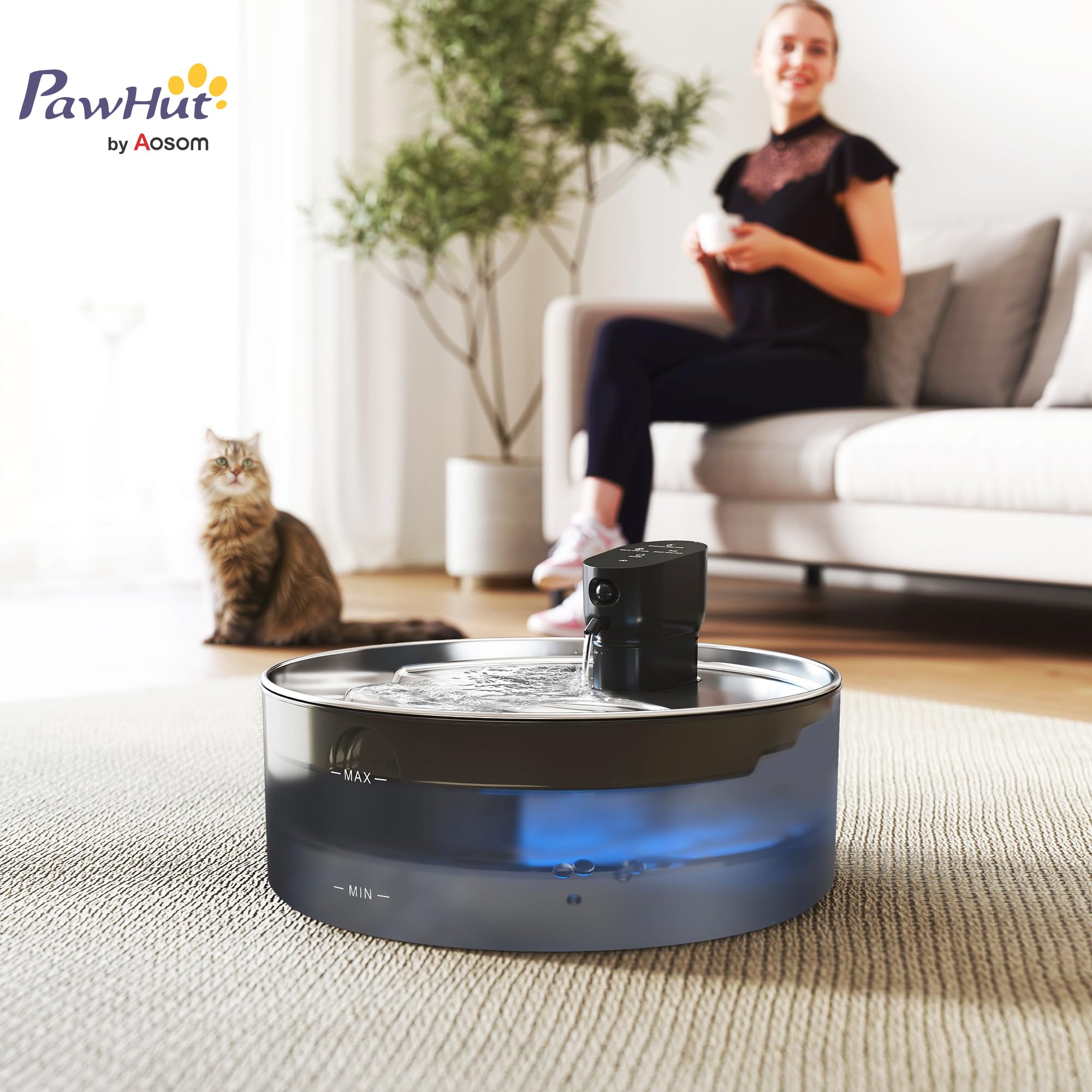 PawHut Fuente de agua para gatos de 7 l, acero inoxidable con bomba silenciosa, ventana de nivel de agua, filtro de carbón activo, sensor de movimiento, sistema de filtro, funciona con pilas, fuente
