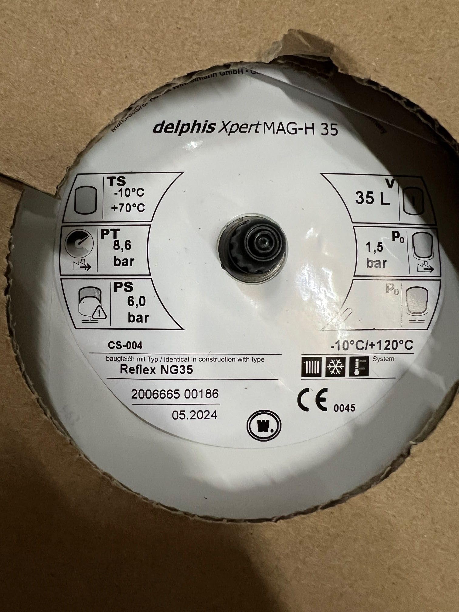 DelphisXpert - Depósito de expansión (35 L, MAG-H, para calefacción, 6/1,5 bar, 70° C máx.120 °C), color blanco