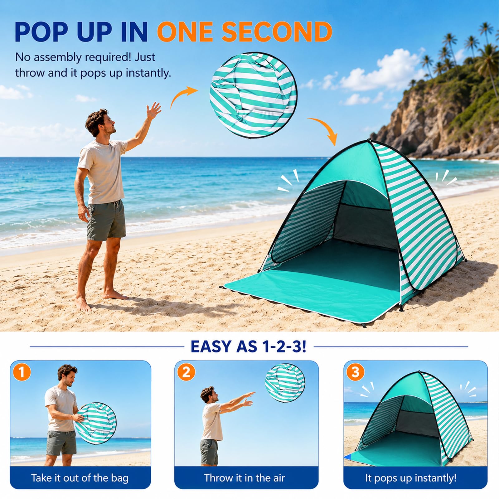 Tenda da Campeggio e Spiaggia Pop-up, Tenda da Spiaggia Portatile, Protezione UV 50+, per 2-3 Persone, con Picchetti, Ideale per Campeggio in Famiglia, Picnic e Spiaggia