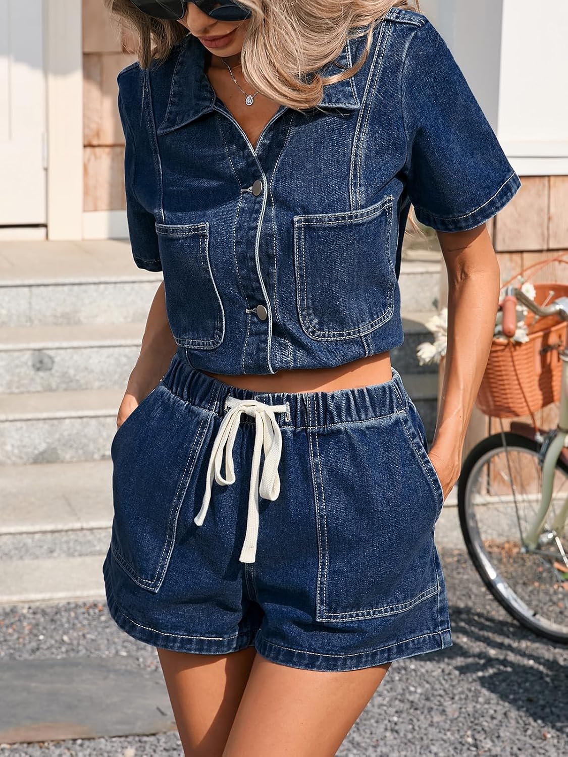 Kedera Women's Denim Two Piece Outfits Cropped Button Front Shirt Drawstring Jean Shorts Lounge Sets for Spring Summer