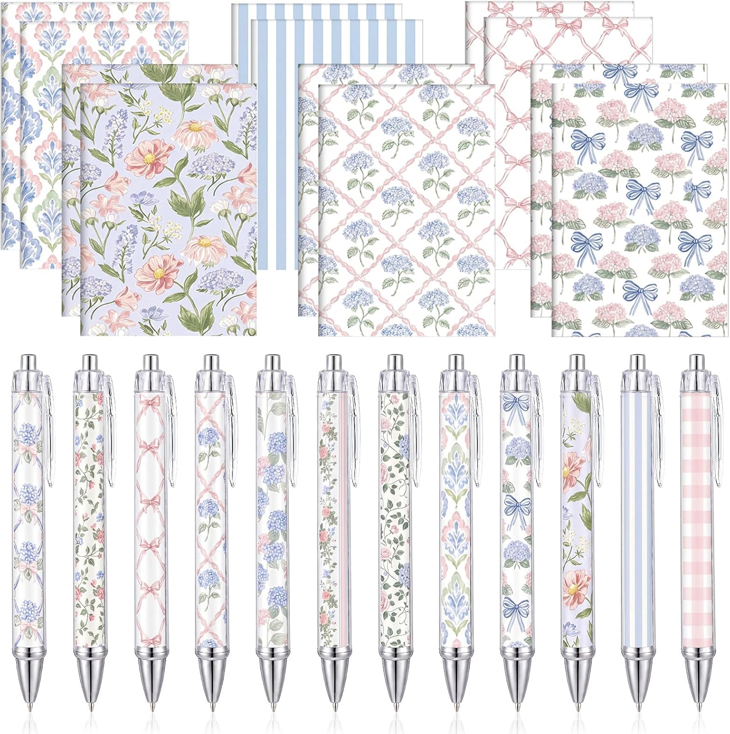 Motiskyy 24 Pcs Blue Hydrangea and Bow Floral Pen Notebook Set