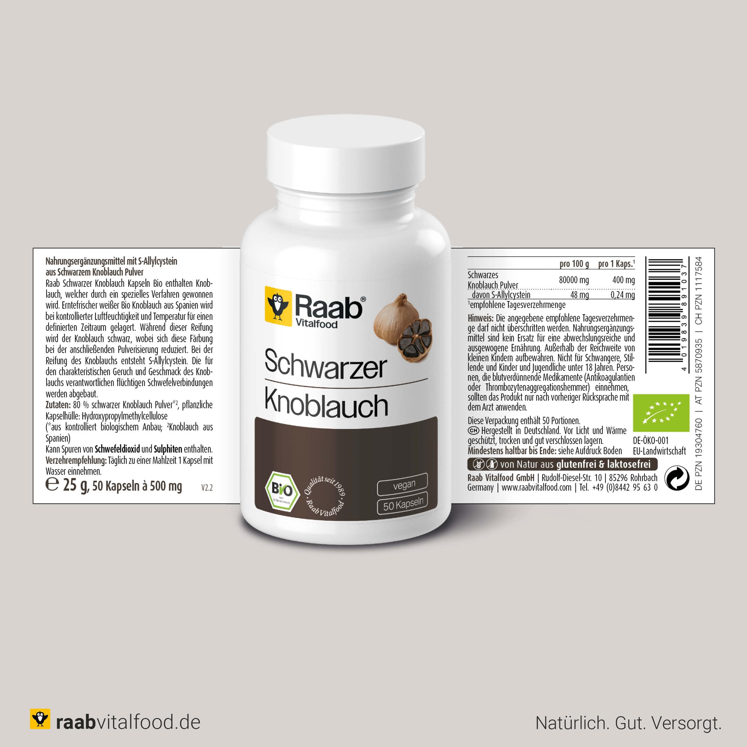 Raab Vitalfood® Bio Schwarzer Knoblauch Kapseln (50 Stück) - mit S-Allylcystein (SAC) aus Schwarzem Knoblauch Pulver aus Spanien, Bio, ohne Zusatzstoffe, Geschmacks- und Geruchsneutral