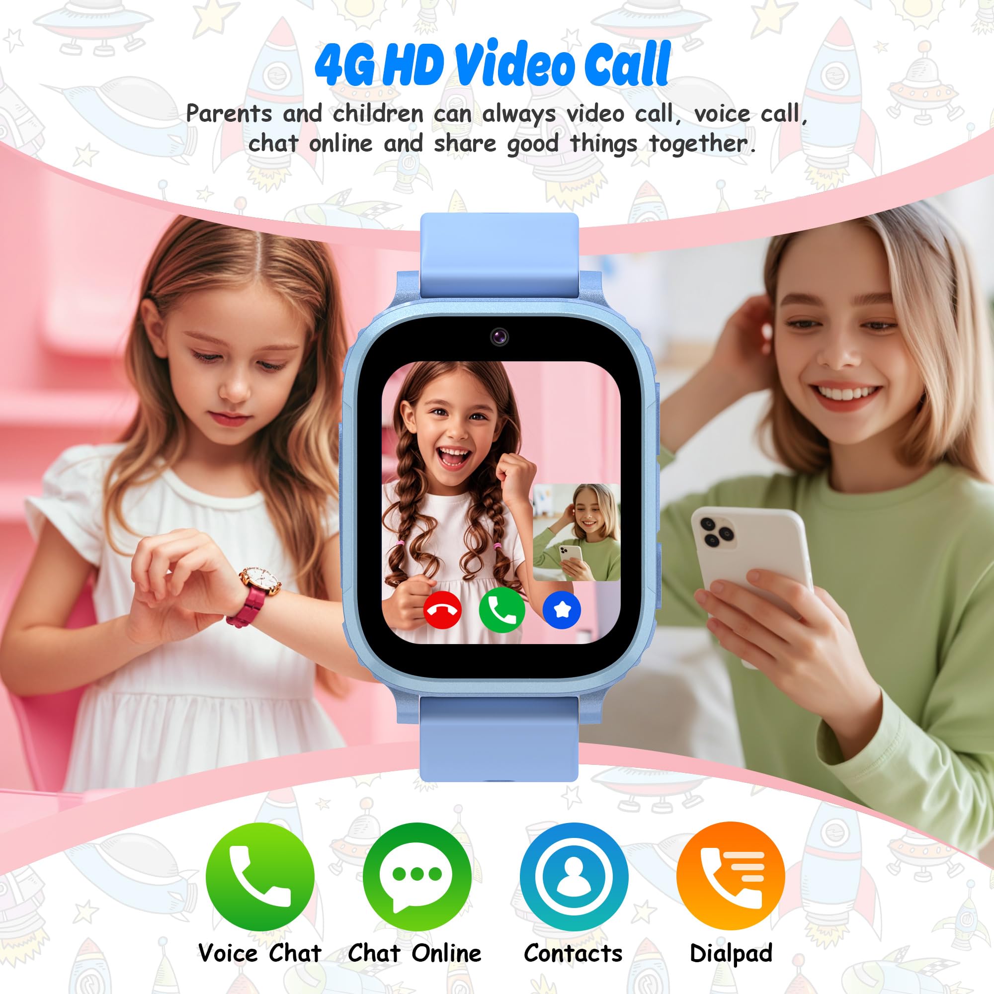 4G Montre Connectée Enfant avec GPS, Montre GPS Enfant Tracker avec Appel Vidéo Téléphone Chat Vocal SOS Réveil Appareil IP68 Mode Classe Jeux, Smartwatch Cadeau pour Filles et Garçons