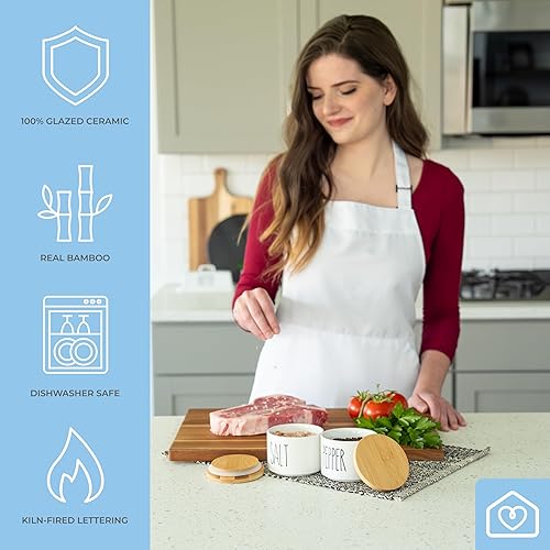 Miniatura 6 de Heartland Home Cuencos de cerámica para sal y pimienta. Bodega de sal de doble soporte con tapa, juego de recipientes de sal apilables, incluye