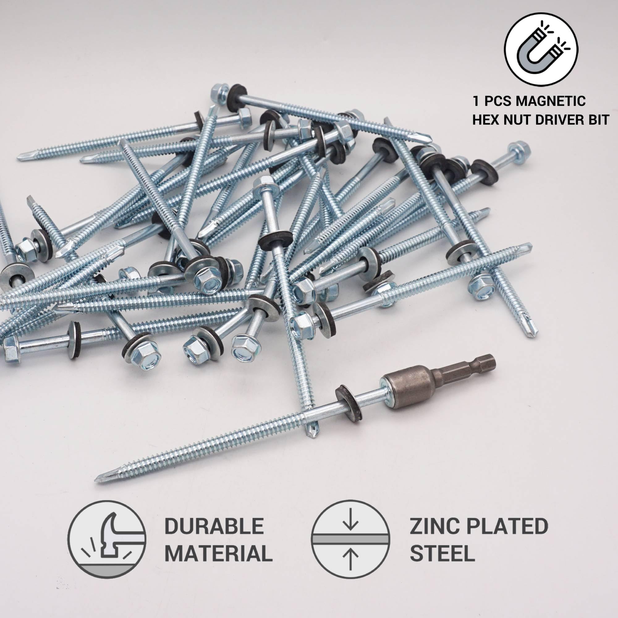SKIR'CO (10 pcs) Zinc Plated Roofing Screws 6.3 x 120 mm, Hex Head, DIN 7504-K Self-Drilling Screws with EPDM Sealing Washers - Image 3