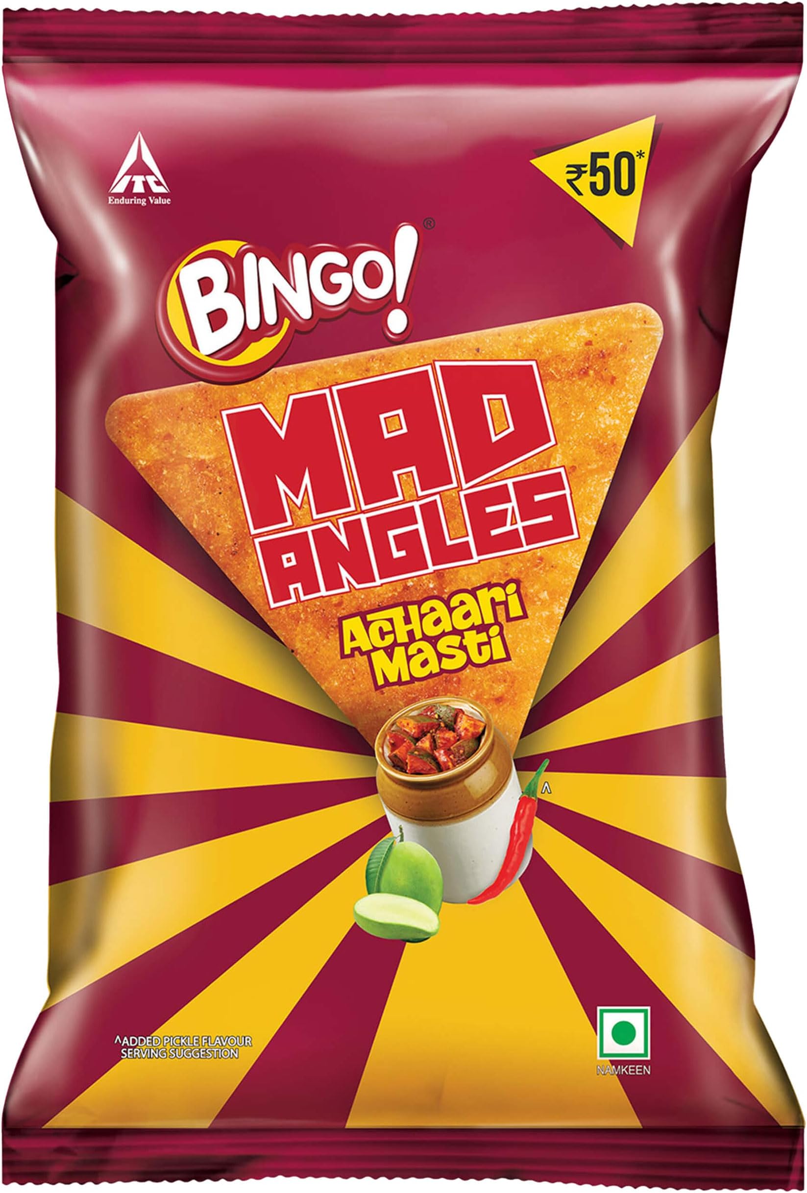Bingo! Mad Angles Achaari Masti – Desi Mango Pickle Flavour Crunchy Triangle Chips | Tasty Snack for Any Time Cravings, 124.8g/117g(weight May Vary)