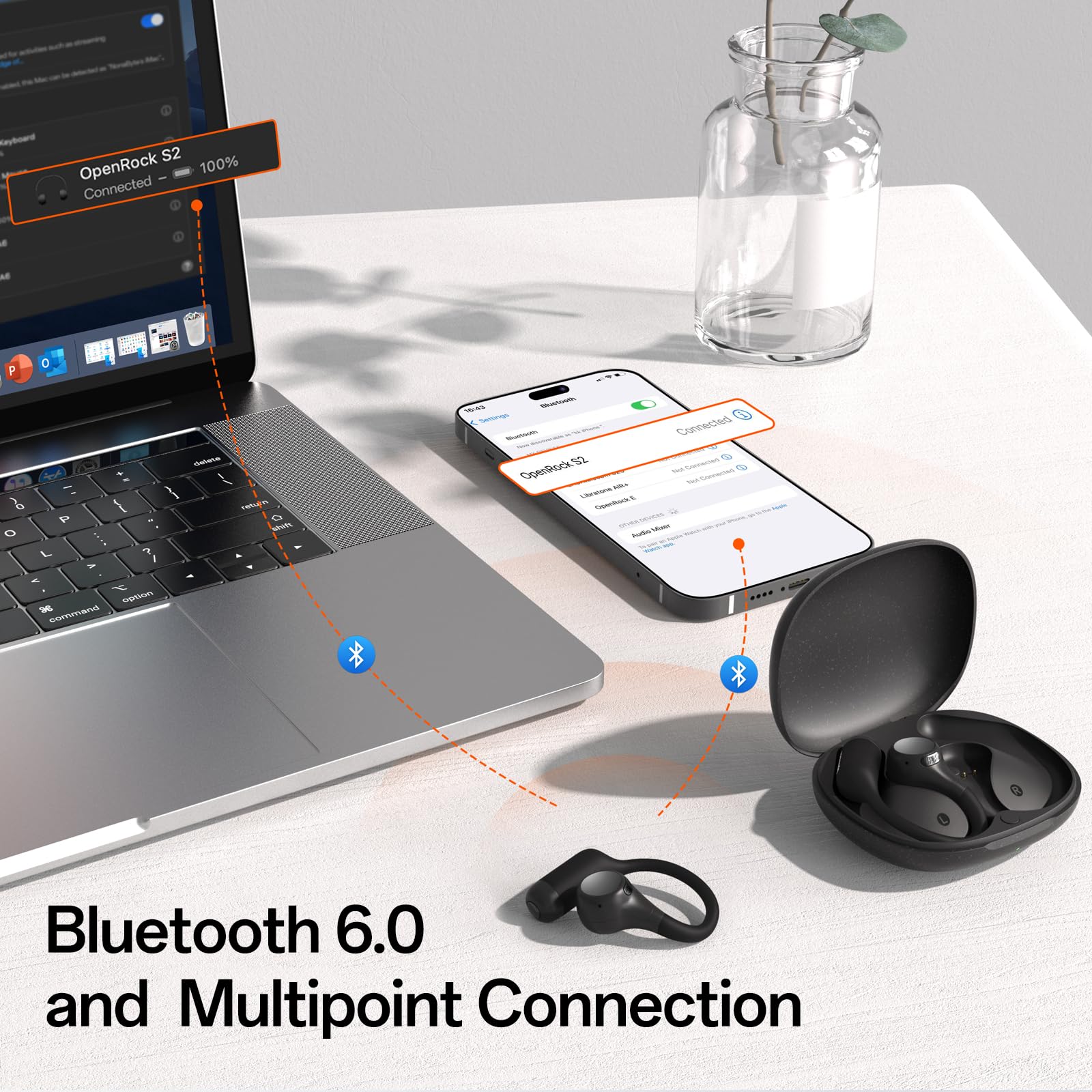 S2 Słuchawki douszne Open Ear, Ultralekkie z Zagiętym Dousznikiem, Hi-Res LDAC, Potrójna Wodoszczelność (IPX5), Bluetooth 6.0, Sterowanie Aparatem, 32H Odtwarzania, Przejrzysta Rozmowa