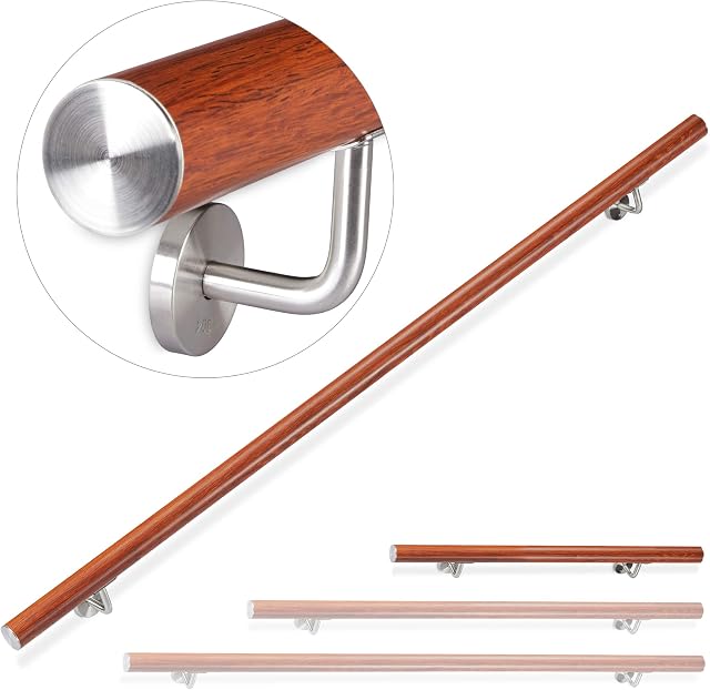 Relaxdays Aluminium Handrail, Round, In- & Outdoor Use, Oak Look, Bannister, 100 cm, Ø 42mm, With Brackets, Brown