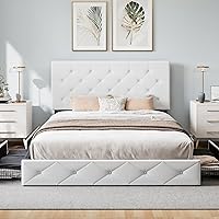 Vista 3 de WEEWAY Base de cama de plataforma de tamaño matrimonial con 4 cajones de almacenamiento, cabecera capitonada con botones de costura de diamante