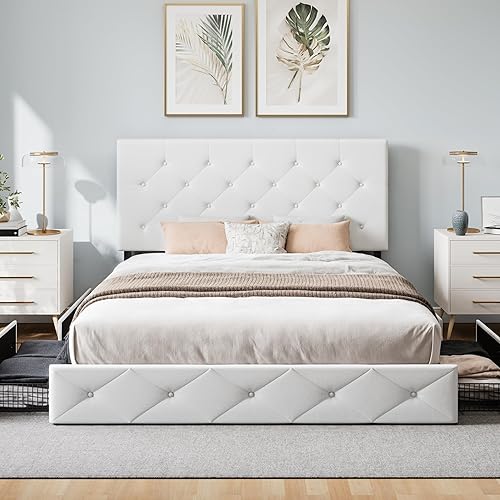 Miniatura 3 de WEEWAY Base de cama de plataforma tamaño Queen con 4 cajones de almacenamiento, cabecera capitonada con botones de costura de diamante, base de