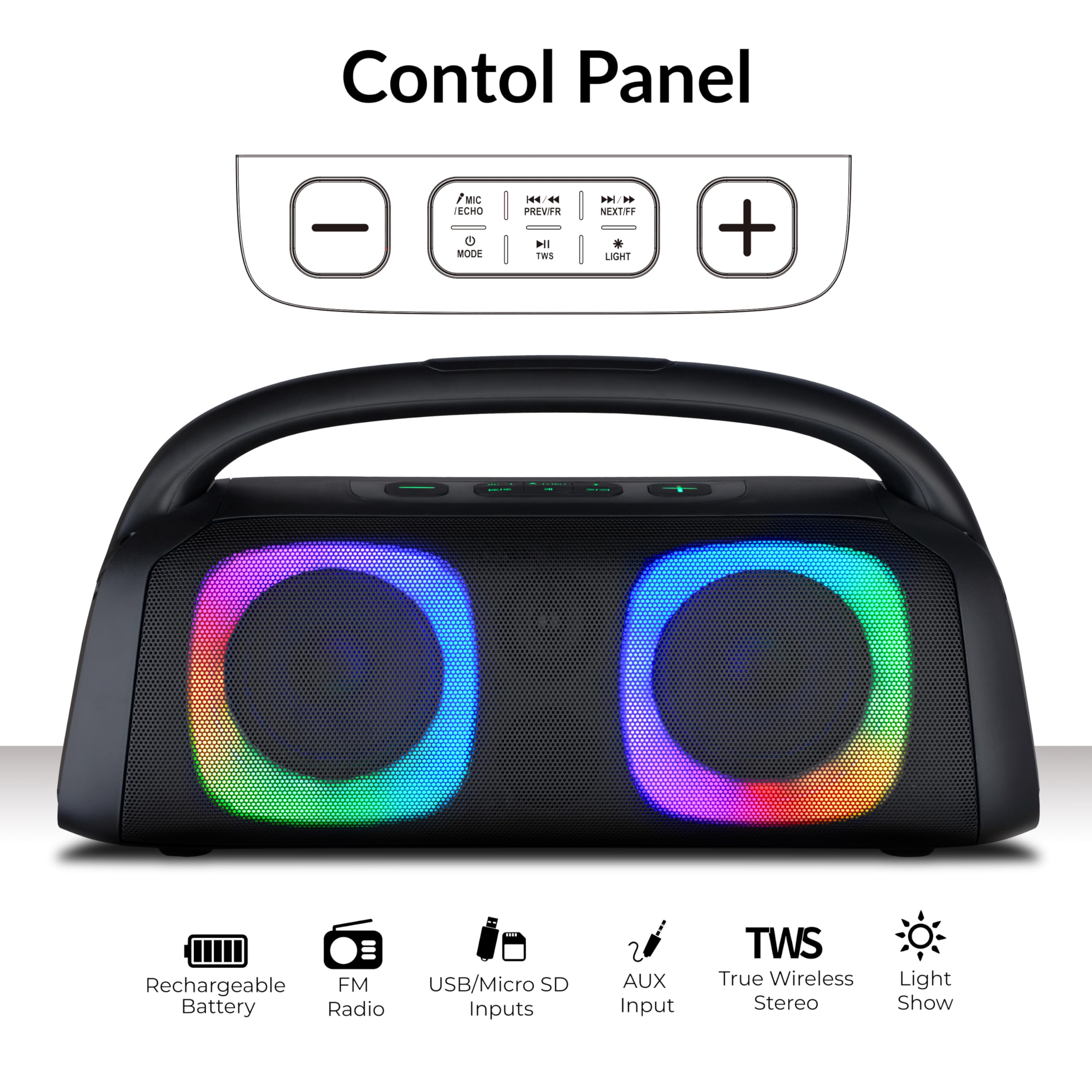 IQ Sound IQ-3540BT Portable Bluetooth Speaker with RGB Lights, TWS, Enhanced Stereo Sound, Voice Assistant Control, Hands-Free Mic, RGB Lighting Modes, A2DP Bluetooth, USB/Micro SD/FM Radio Inputs